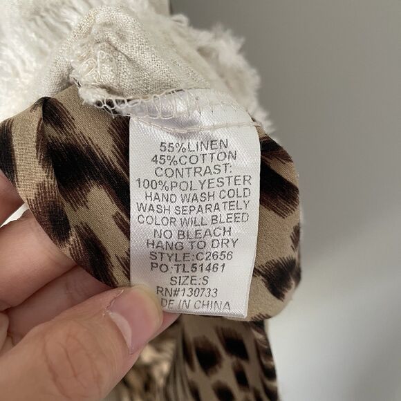 Umgee Size S Oversized Button Peplum Mixed Linen Blend Shirt Animal Print - Picture 5 of 7